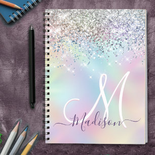 Cute iridescent unicorn faux glitter monogram notebook