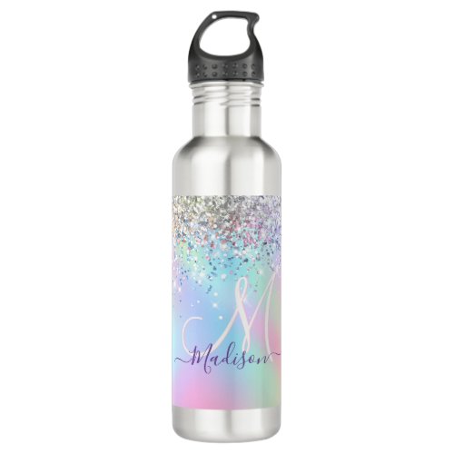 Cute iridescent unicorn faux glitter monogram stainless steel water bottle