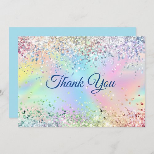 Cute iridescent unicorn faux glitter thank you card