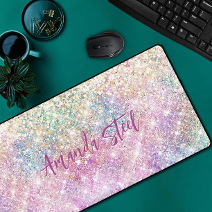 Cute iridescent unicorn gold glitter desk mat