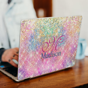 Cute iridescent unicorn gold glitter monogram HP laptop skin