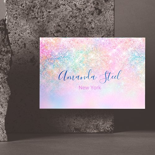 Cute iridescent unicorn ombre glitter business card magnet