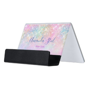 Cute iridescent unicorn ombre glitter desk business card holder