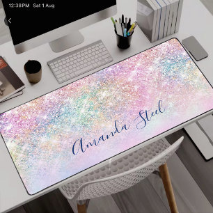Cute iridescent unicorn ombre glitter desk mat