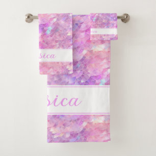 Cute Iridescent Unicorn Ombre Glitter Monogram Bath Towel Set
