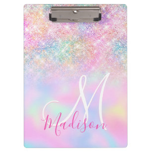 Cute iridescent unicorn ombre glitter monogram clipboard