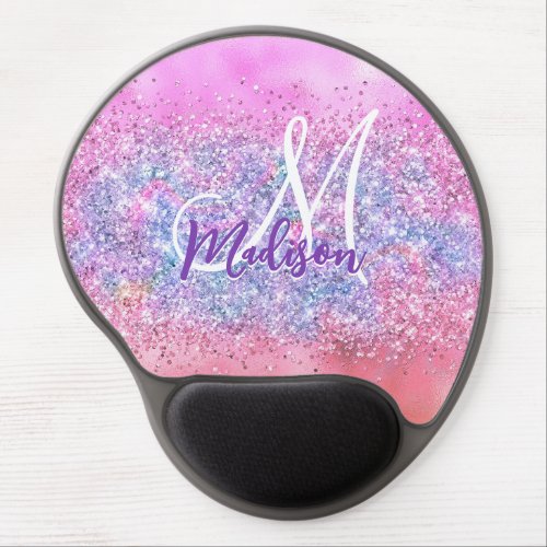 Cute iridescent unicorn ombre glitter monogram gel mouse pad