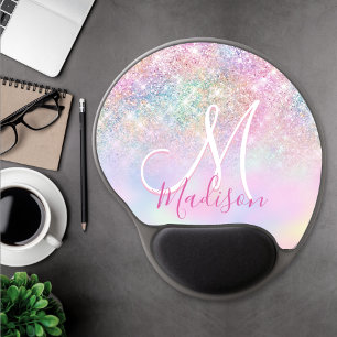 Cute iridescent unicorn ombre glitter monogram gel mouse pad