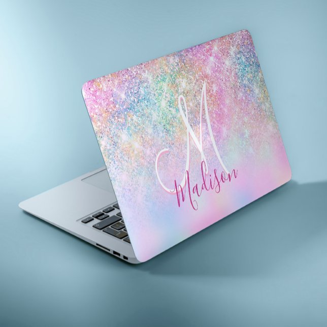 Cute iridescent unicorn ombre glitter monogram HP laptop skin (Creator Uploaded)