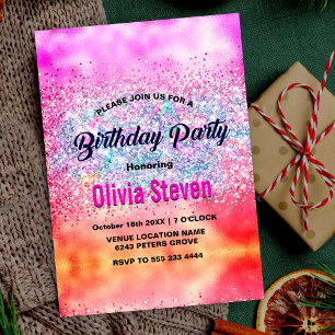 Cute iridescent unicorn ombre glitter monogram invitation