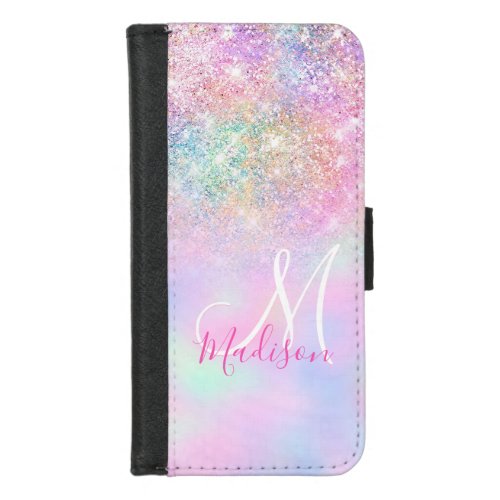 Cute iridescent unicorn ombre glitter monogram iPhone 87 wallet case