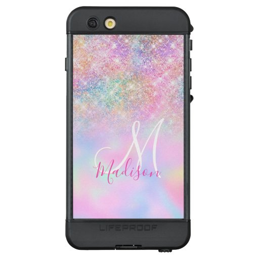 Cute iridescent unicorn ombre glitter monogram LifeProof NÜÜD iPhone 6s plus case