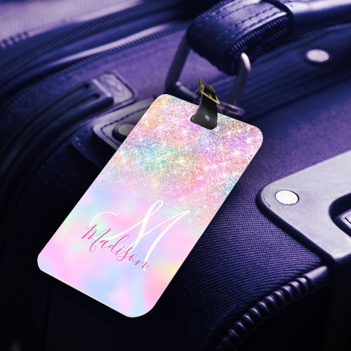 Cute iridescent unicorn ombre glitter monogram luggage tag