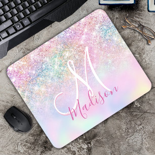 Cute iridescent unicorn ombre glitter monogram mouse pad