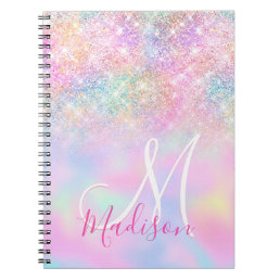 Cute iridescent unicorn ombre glitter monogram notebook