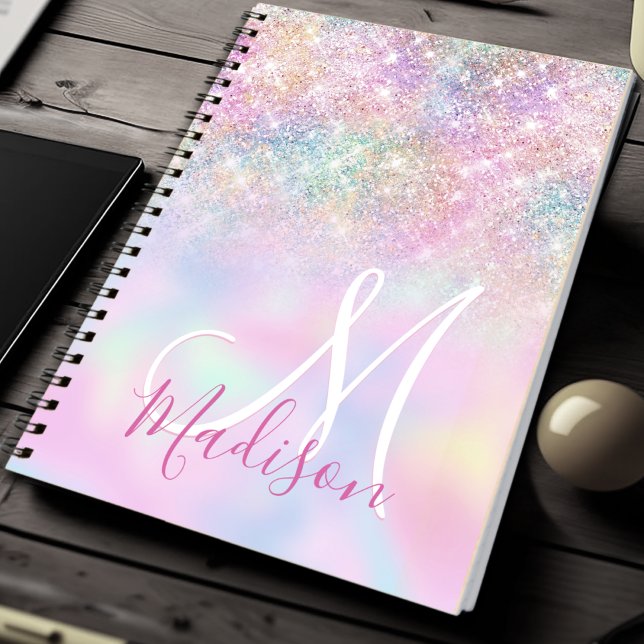 Cute iridescent unicorn ombre glitter monogram notebook (Creator Uploaded)
