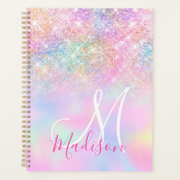 Cute iridescent unicorn ombre glitter monogram planner