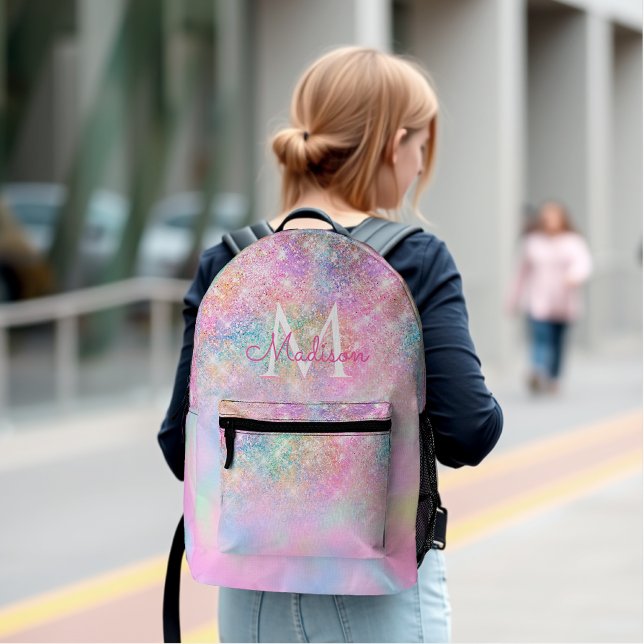 Cute iridescent unicorn ombre glitter monogram printed backpack (Creator Uploaded)