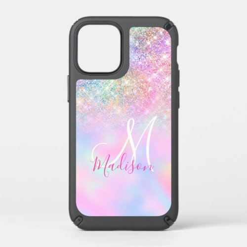 Cute iridescent unicorn ombre glitter monogram speck iPhone 12 mini case