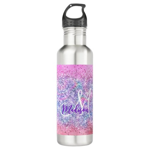 Cute iridescent unicorn ombre glitter monogram stainless steel water bottle