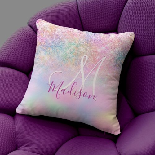 Cute iridescent unicorn ombre glitter monogram throw pillow