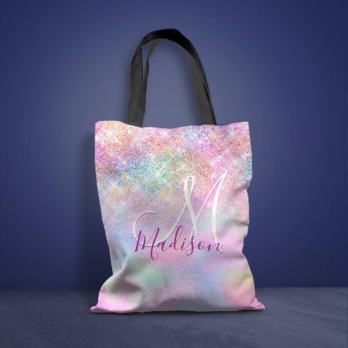 Cute iridescent unicorn ombre glitter monogram tote bag