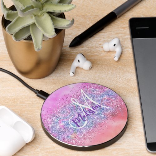 Cute iridescent unicorn ombre glitter monogram wireless charger 