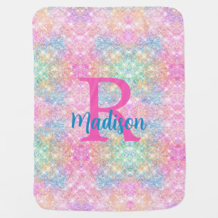 Cute iridescent unicorn pink faux glitter monogram baby blanket