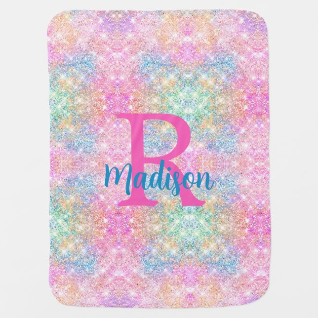 Cute iridescent unicorn pink faux glitter monogram baby blanket (Front)