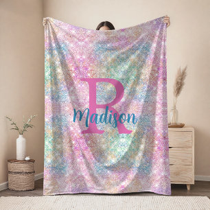 Cute iridescent unicorn pink faux glitter monogram baby blanket
