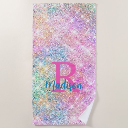 Cute iridescent unicorn pink faux glitter monogram beach towel