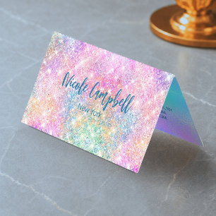 Cute iridescent unicorn pink faux glitter monogram business card