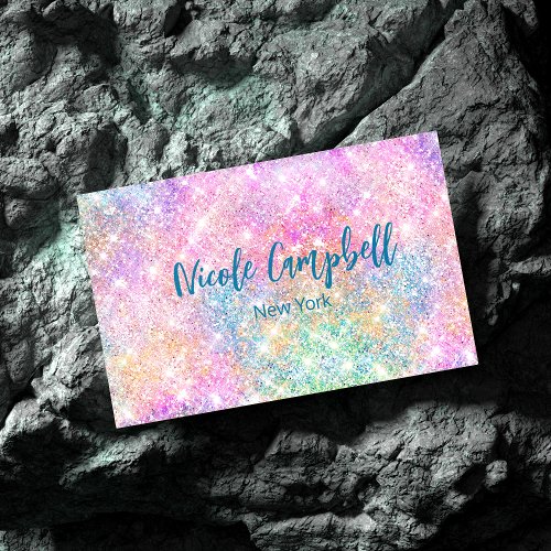 Cute iridescent unicorn pink faux glitter monogram business card