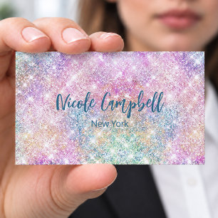 Cute iridescent unicorn pink faux glitter monogram business card magnet