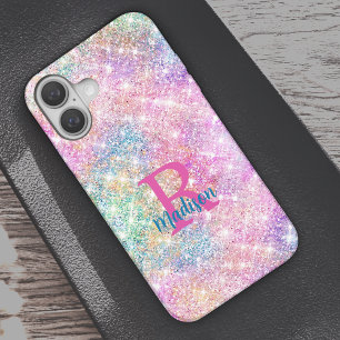 Cute iridescent unicorn pink faux glitter monogram iPhone 16 case