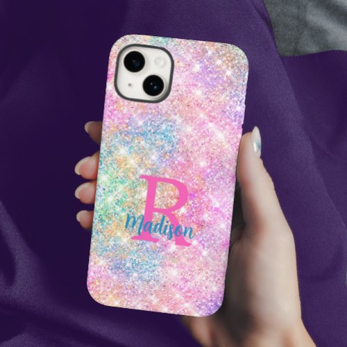 Cute iridescent unicorn pink faux glitter monogram Case_Mate iPhone 14 case