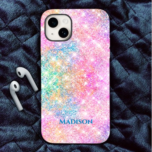Cute iridescent unicorn pink faux glitter monogram iPhone 15 case