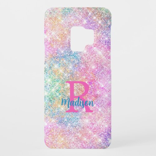 Cute iridescent unicorn pink faux glitter monogram Case_Mate samsung galaxy s9 case