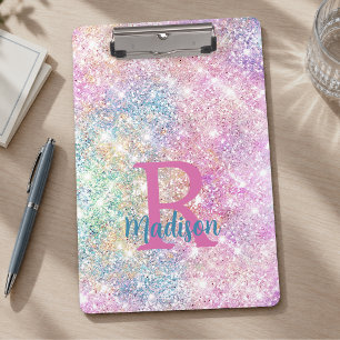 Cute iridescent unicorn pink faux glitter monogram clipboard