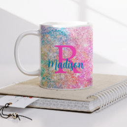 Cute iridescent unicorn pink faux glitter monogram coffee mug