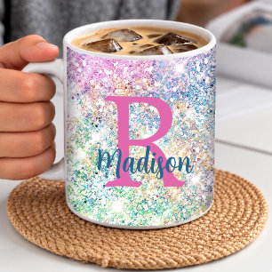Cute iridescent unicorn pink faux glitter monogram coffee mug