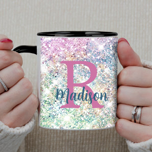 Cute iridescent unicorn pink faux glitter monogram coffee mug