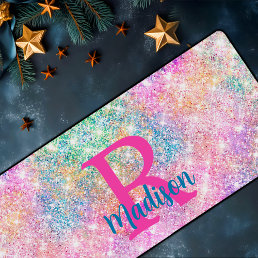 Cute iridescent unicorn pink faux glitter monogram desk mat