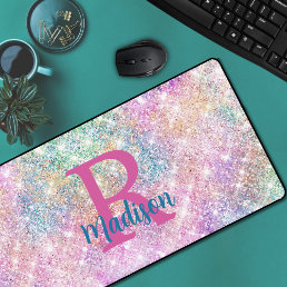 Cute iridescent unicorn pink faux glitter monogram desk mat