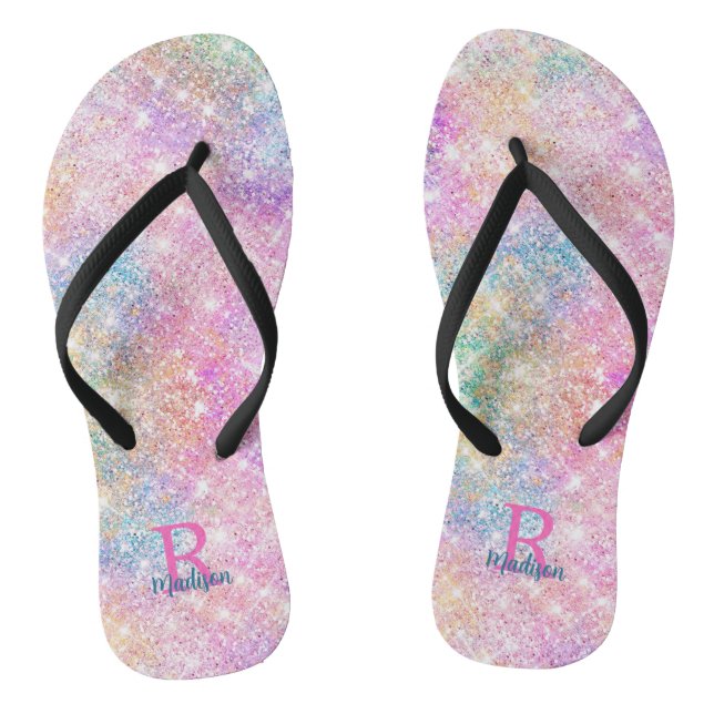 Cute iridescent unicorn pink faux glitter monogram flip flops (Footbed)