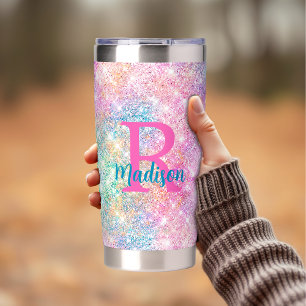 Cute iridescent unicorn pink faux glitter monogram insulated tumbler