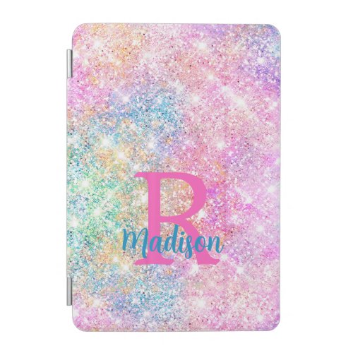 Cute iridescent unicorn pink faux glitter monogram iPad mini cover