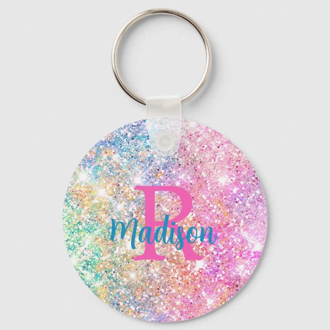 Cute iridescent unicorn pink faux glitter monogram keychain (Front)