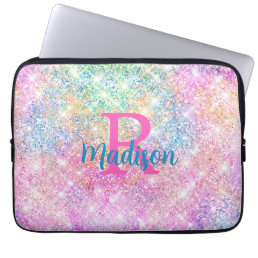 Cute iridescent unicorn pink faux glitter monogram laptop sleeve