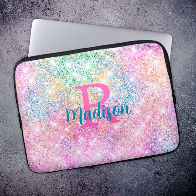 Cute iridescent unicorn pink faux glitter monogram laptop sleeve (Creator Uploaded)